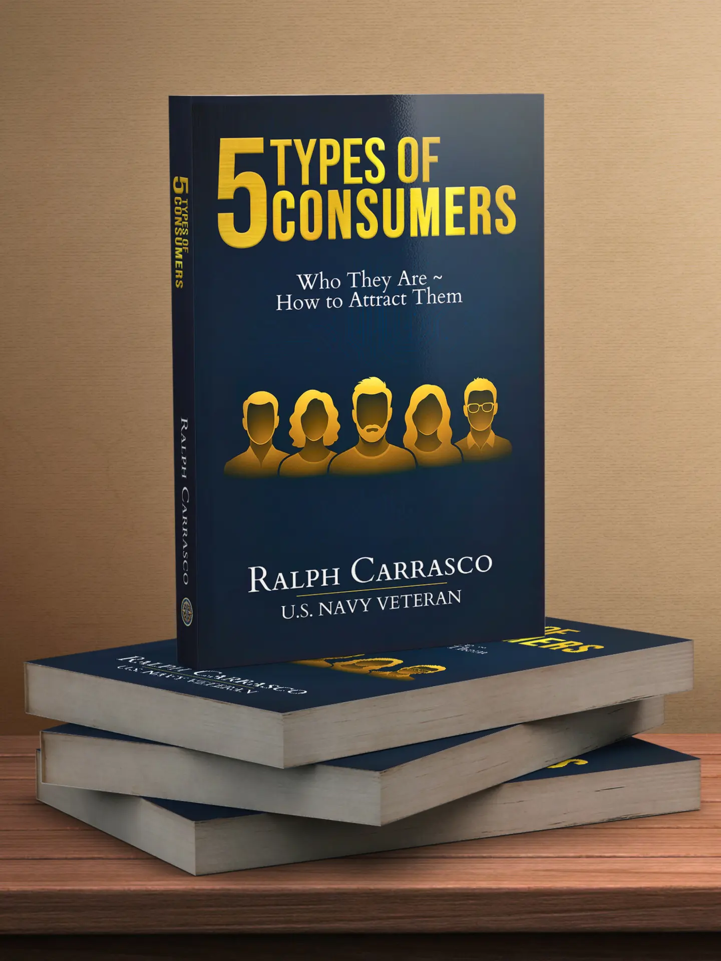 The Five Types of Consumers by Ralph Carrasco displayed above a stack of books
